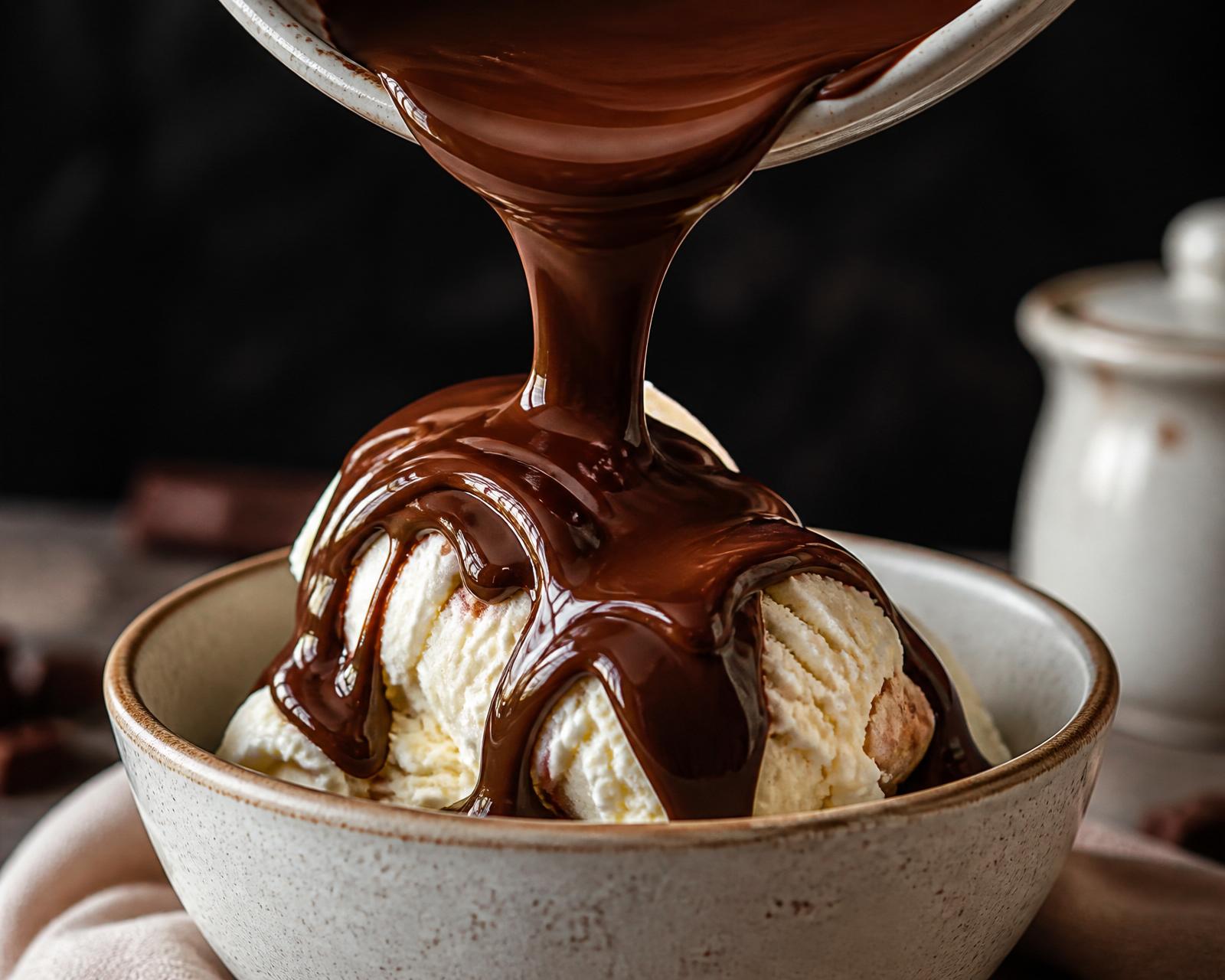 Hot fudge poured over ice cream
